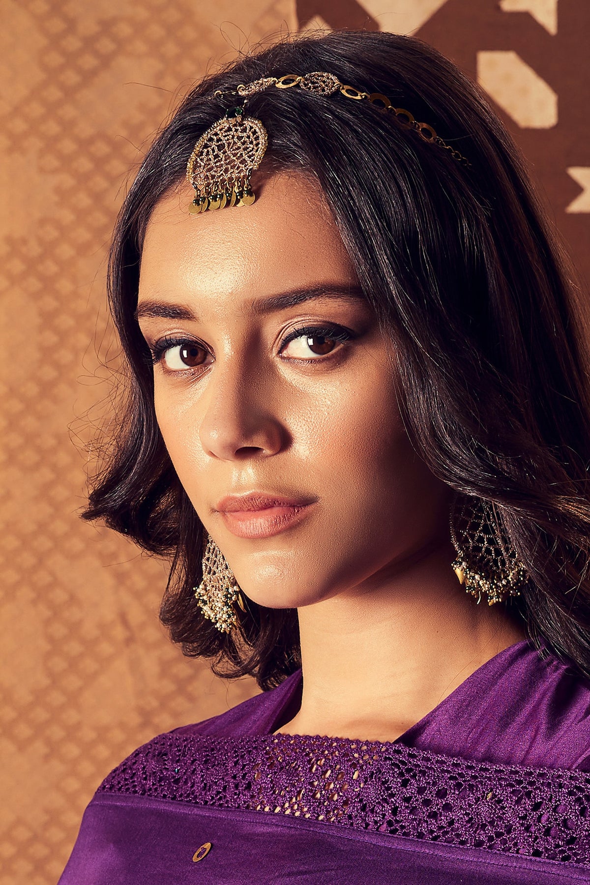 Gold Finish Embroidered Maangtikka