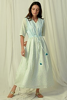 White & Green Printed Drawstring Dress