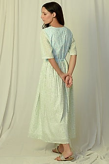 White & Green Printed Drawstring Dress