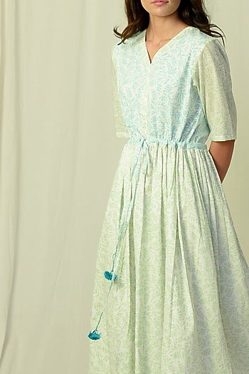 White & Green Printed Drawstring Dress