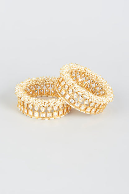 Gold Finish Moti & Kundan Polki Bangles (Set of 2)