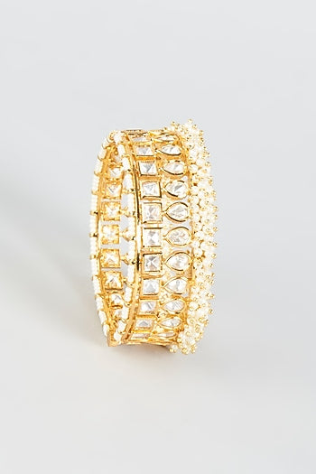 Gold Finish Moti & Kundan Polki Bangles (Set of 2)
