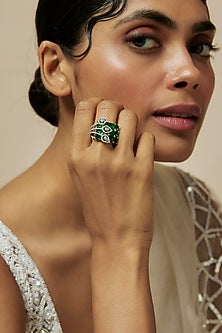 White Rhodium Finish Diamond & Emerald Adjustable Ring