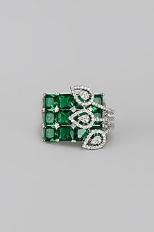 White Rhodium Finish Diamond & Emerald Adjustable Ring