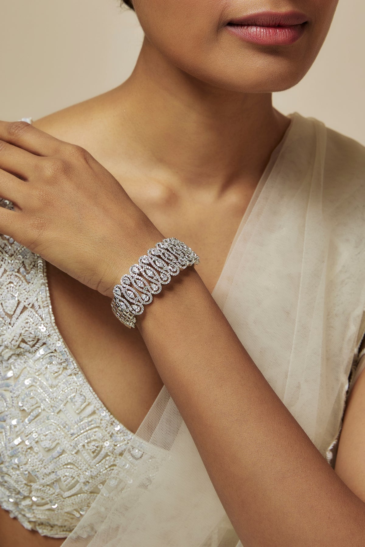 White Rhodium Finish Diamond Openable Bracelet