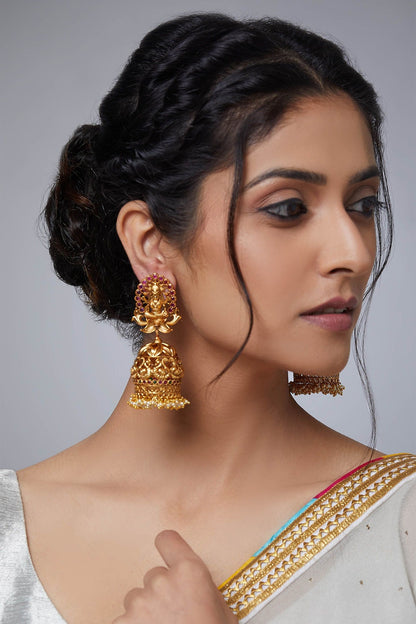 Gold Finish Synthetic Ruby Jhumka Earrings