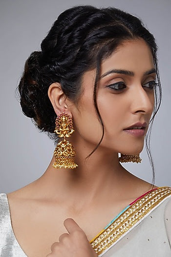 Gold Finish Synthetic Ruby Jhumka Earrings