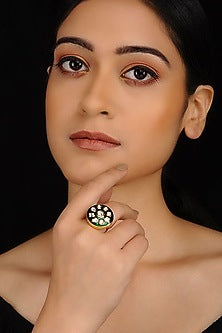 Gold Finish Kundan Polki Oversized Ring