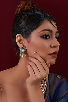 Gold Finish Kundan Polki & Pearl Meenakari Dangler Earrings
