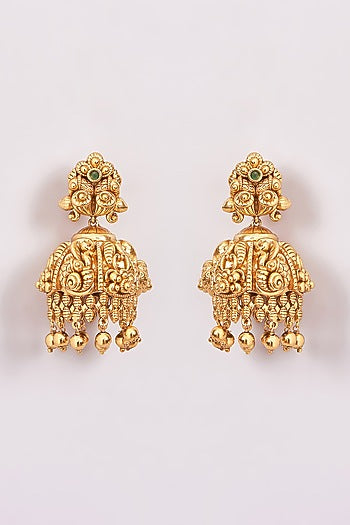 Gold Finish Beaded Temple Dangler Earrings