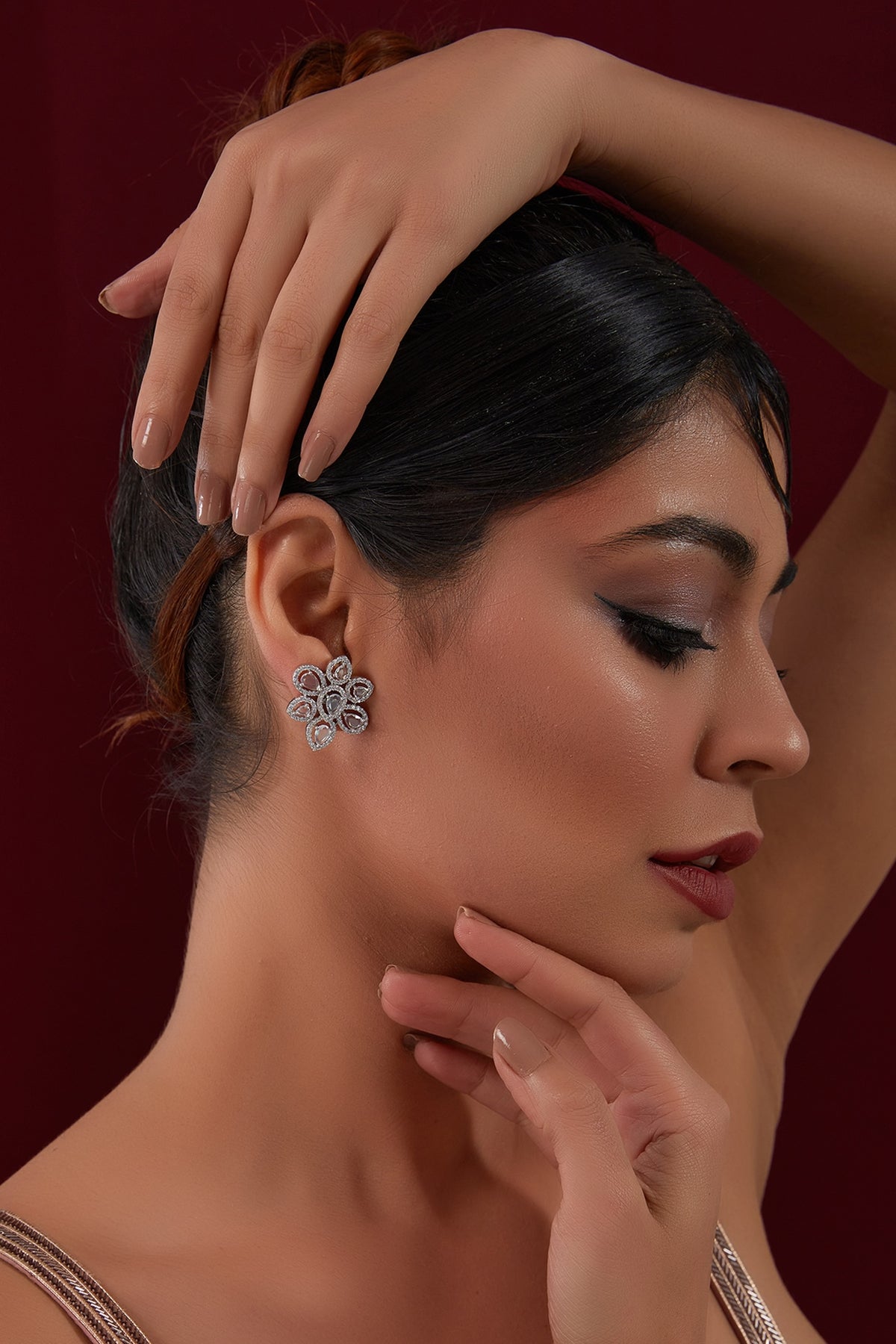 White Rhodium Finish American Diamond Stud Earrings