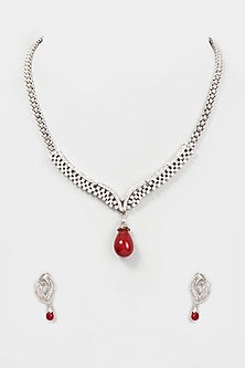 White Finish American Diamond & Ruby Stone Necklace Set