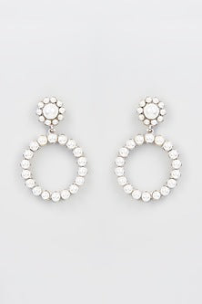 White Finish Diamond & Pearl Hoop Earrings