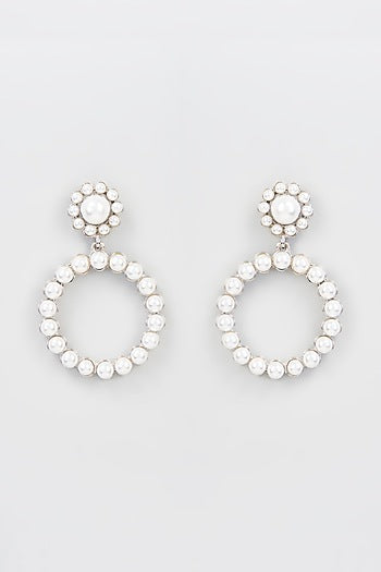 White Finish Diamond & Pearl Hoop Earrings