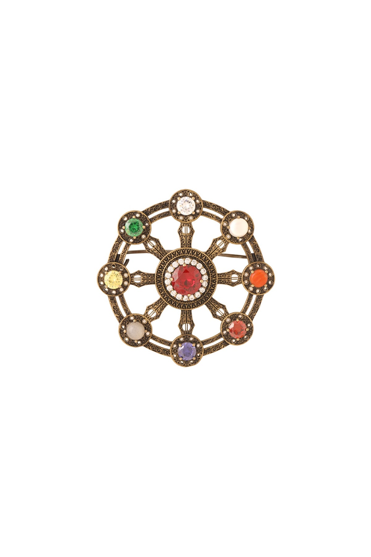 Antique Gold Brass Wheel of Fortune Brooch