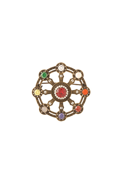 Antique Gold Brass Wheel of Fortune Brooch