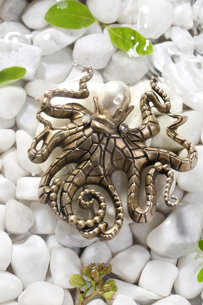 Antique Gold Finish Octopus Pearl Brooch