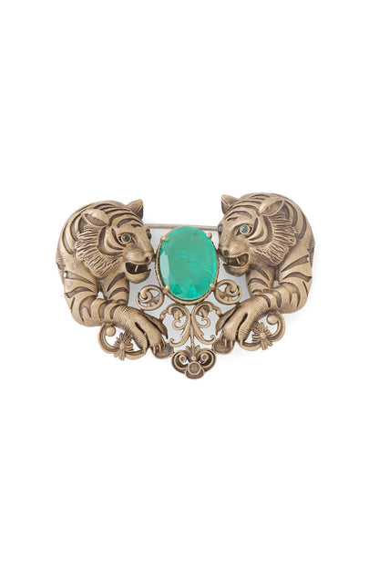 Antique Gold Emerald Green Stone Twin Tiger Brooch