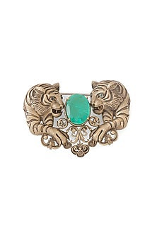 Antique Gold Emerald Green Stone Twin Tiger Brooch