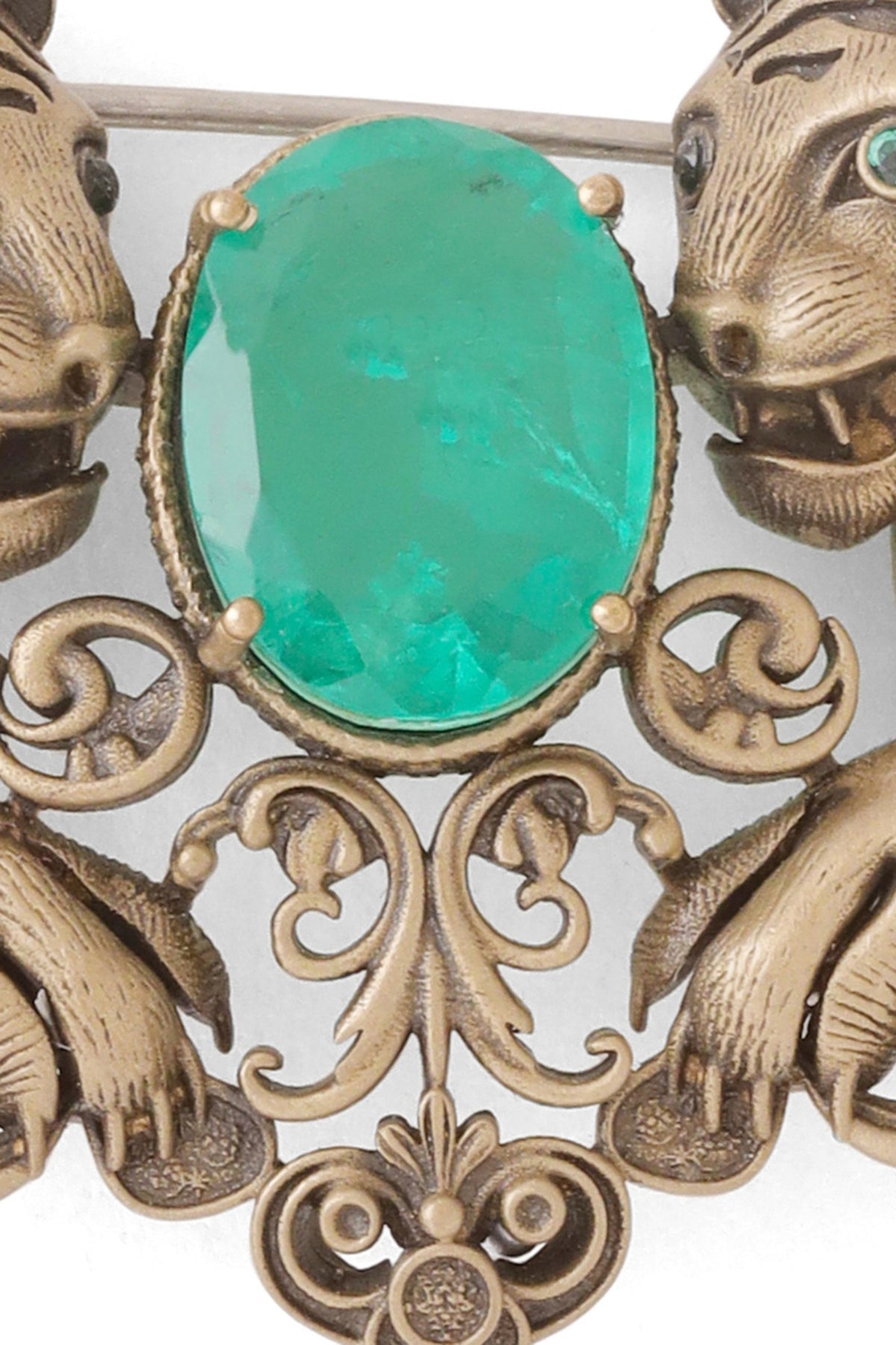 Antique Gold Emerald Green Stone Twin Tiger Brooch