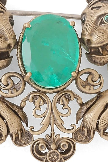 Antique Gold Emerald Green Stone Twin Tiger Brooch