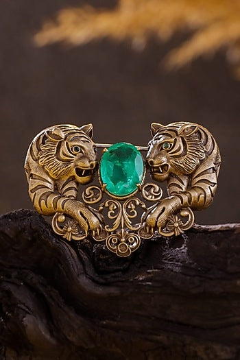 Antique Gold Emerald Green Stone Twin Tiger Brooch