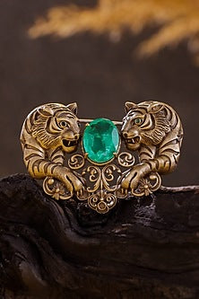Antique Gold Emerald Green Stone Twin Tiger Brooch