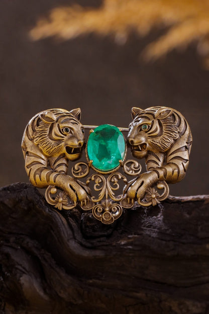 Antique Gold Emerald Green Stone Twin Tiger Brooch