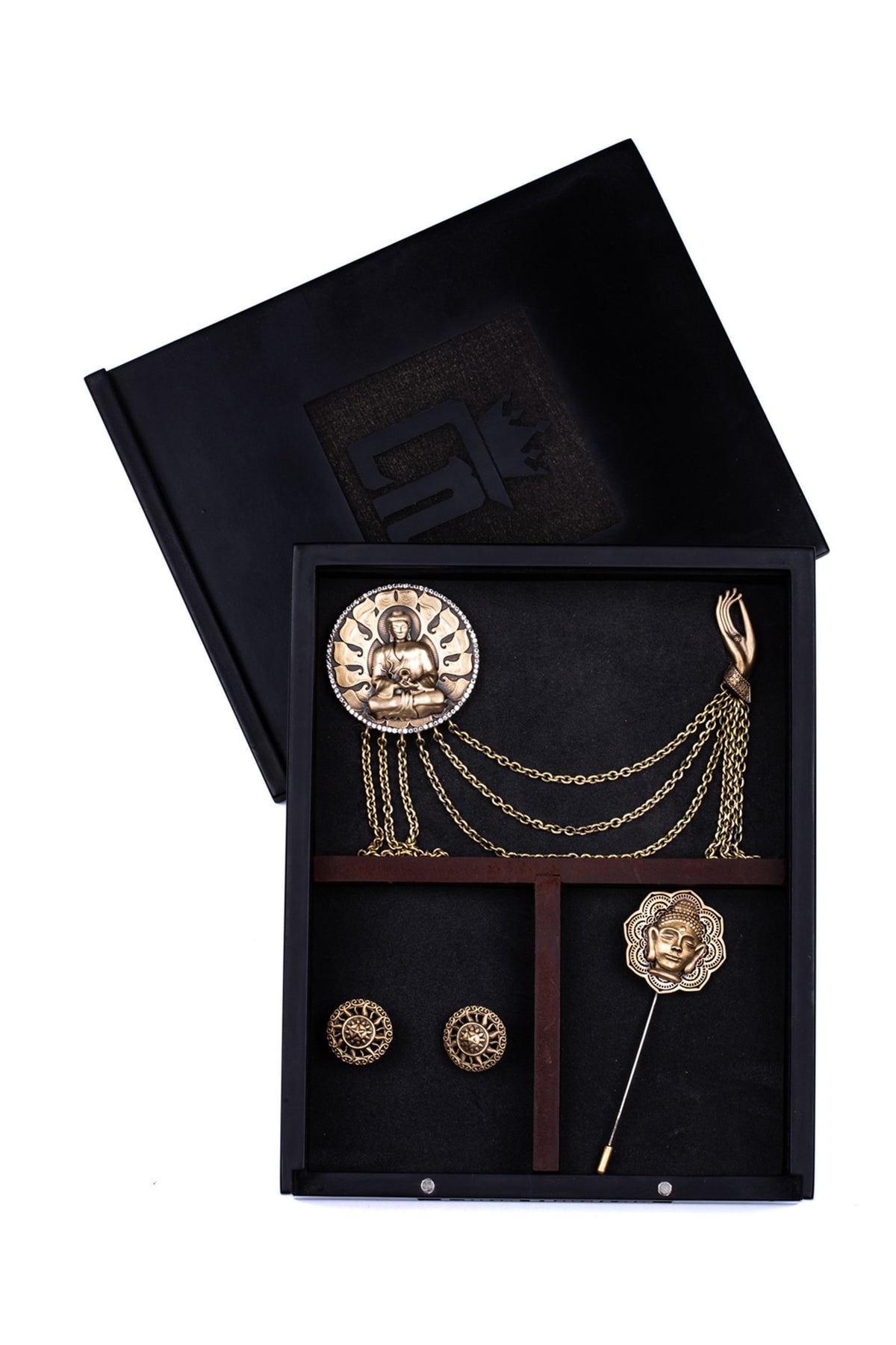 Antique Gold Vintage Buddha Brooch Set