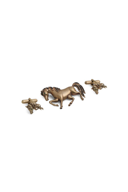 Antique Gold Cufflinks With Parade Horse Brooch