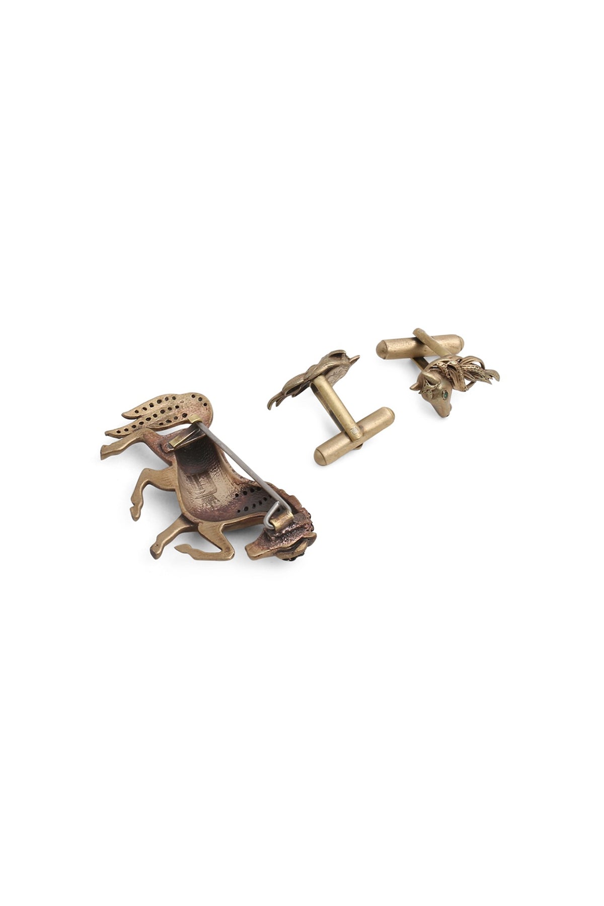 Antique Gold Cufflinks With Parade Horse Brooch