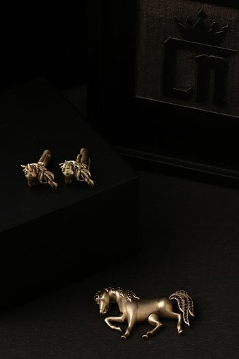 Antique Gold Cufflinks With Parade Horse Brooch
