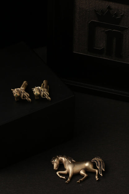Antique Gold Cufflinks With Parade Horse Brooch