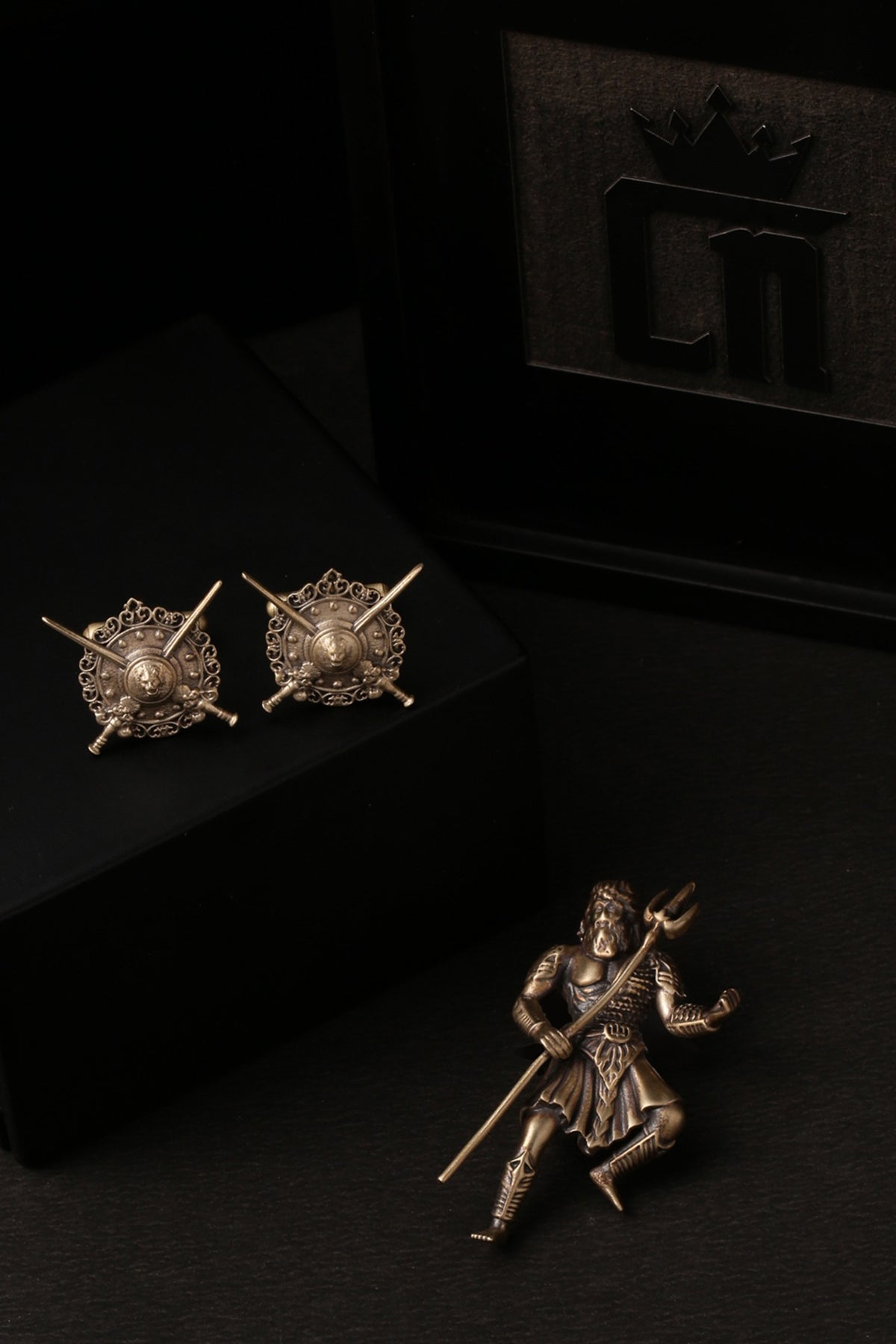 Antique Gold Shield Cufflinks With Poseidon Brooch