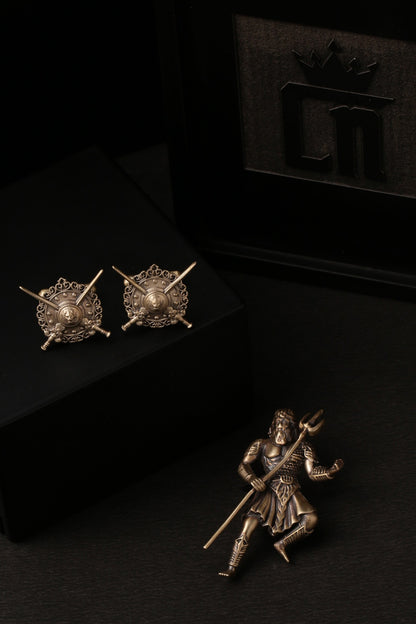 Antique Gold Shield Cufflinks With Poseidon Brooch