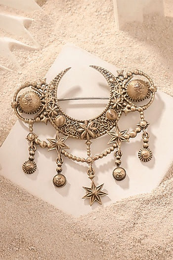 Oxidised Antique Gold Celestial Radiance Crescent Brooch