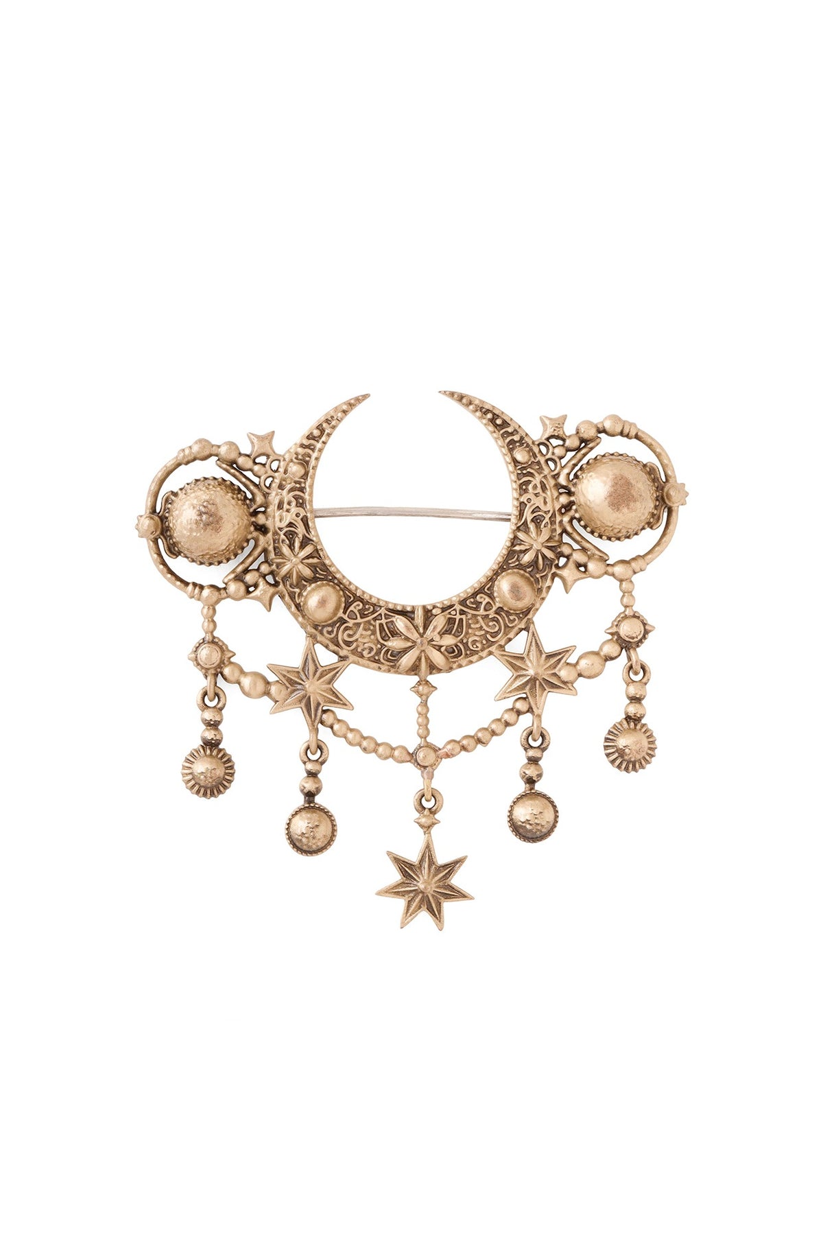 Oxidised Antique Gold Celestial Radiance Crescent Brooch