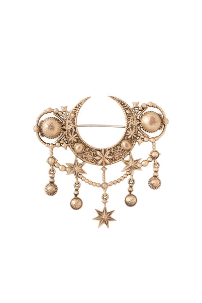 Oxidised Antique Gold Celestial Radiance Crescent Brooch