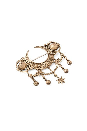 Oxidised Antique Gold Celestial Radiance Crescent Brooch