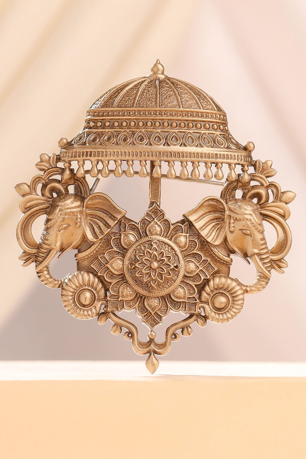 Oxidised Antique Gold Regal Elephant Canopy Brooch