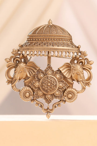 Oxidised Antique Gold Regal Elephant Canopy Brooch