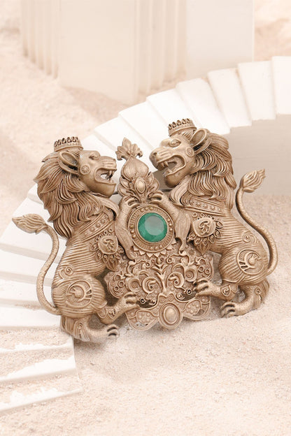 Oxidised Antique Gold Twin Lions Emblem Brooch