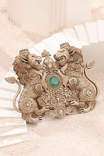 Oxidised Antique Gold Twin Lions Emblem Brooch