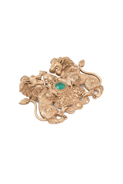 Oxidised Antique Gold Twin Lions Emblem Brooch
