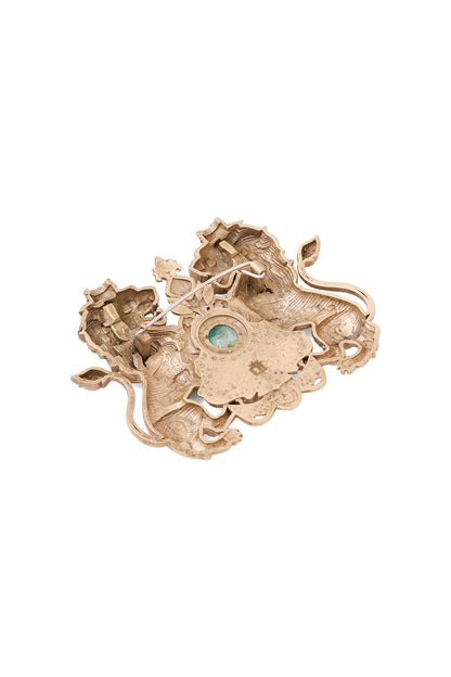 Oxidised Antique Gold Twin Lions Emblem Brooch
