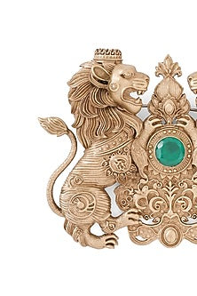 Oxidised Antique Gold Twin Lions Emblem Brooch