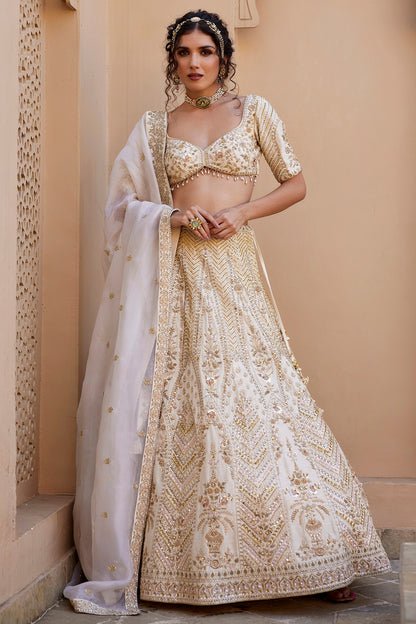 Ivory Raw Silk Kundan & Zardosi Embellished Lehenga Set