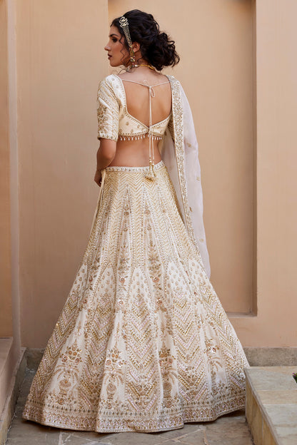 Ivory Raw Silk Kundan & Zardosi Embellished Lehenga Set