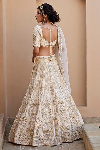 Ivory Raw Silk Kundan & Zardosi Embellished Lehenga Set