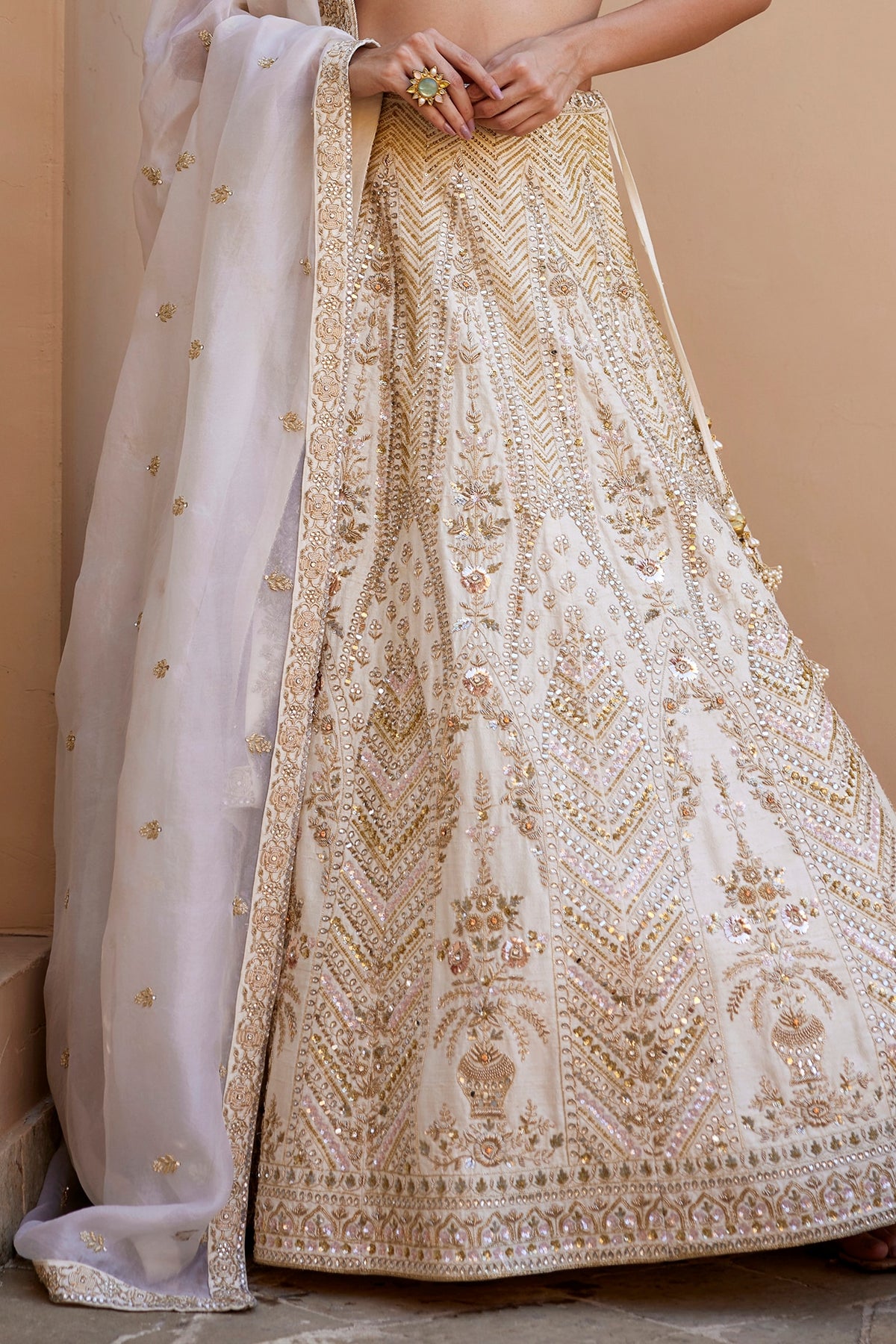 Ivory Raw Silk Kundan & Zardosi Embellished Lehenga Set